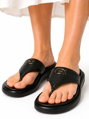 Coach Sylvie Leather Thong Sandals Signature C Hardware Black Slide